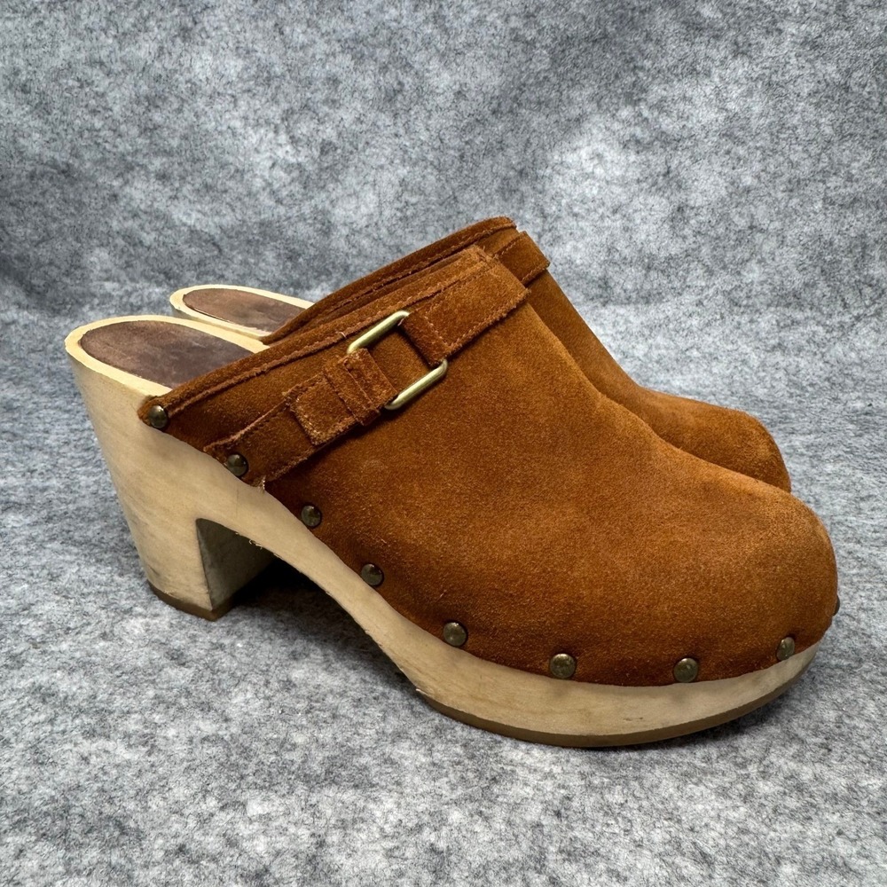 Y2K Gap Suede Wooden Clogs Womens Size 8 Brown Boho Buckle Hippie Mules Chunky